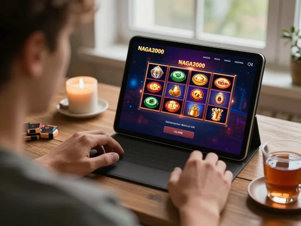 NAGA2000 player enjoying online slots on tablet in a cozy home setting