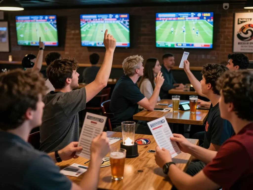 Engaged bettors cheering at Nowgoal sports betting event with live match screens.