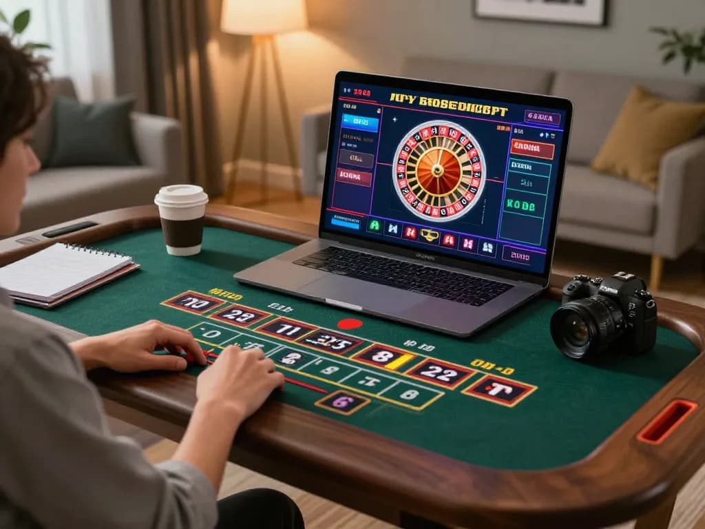 Engaging with cm88 live dealer roulette in a stylish home office setup, showcasing online gaming excitement