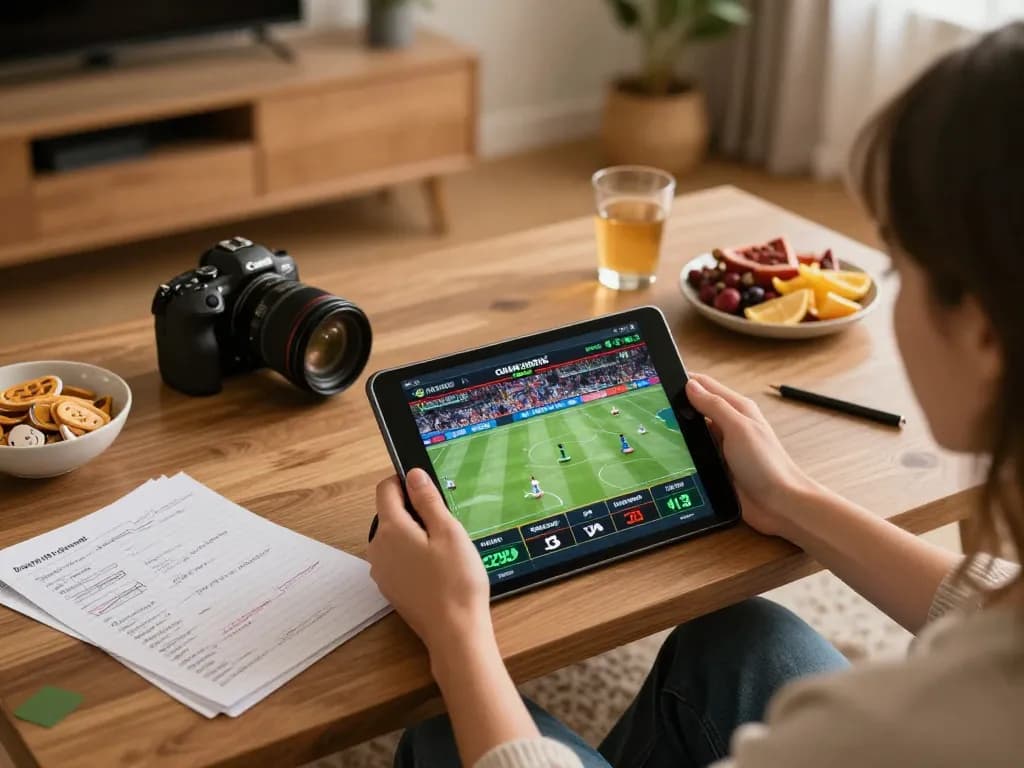 Engaging in sports betting on F8BET through tablet in a cozy home setup with strategic notes.