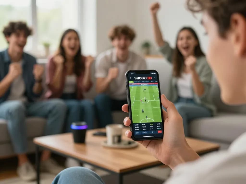 SBOBET88 login on smartphone during thrilling live football betting moment with friends