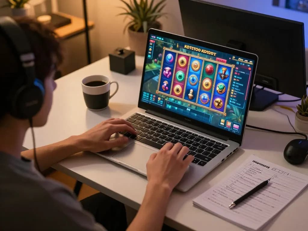KDTOTO player enjoying online slots gaming session on a laptop with vibrant visuals