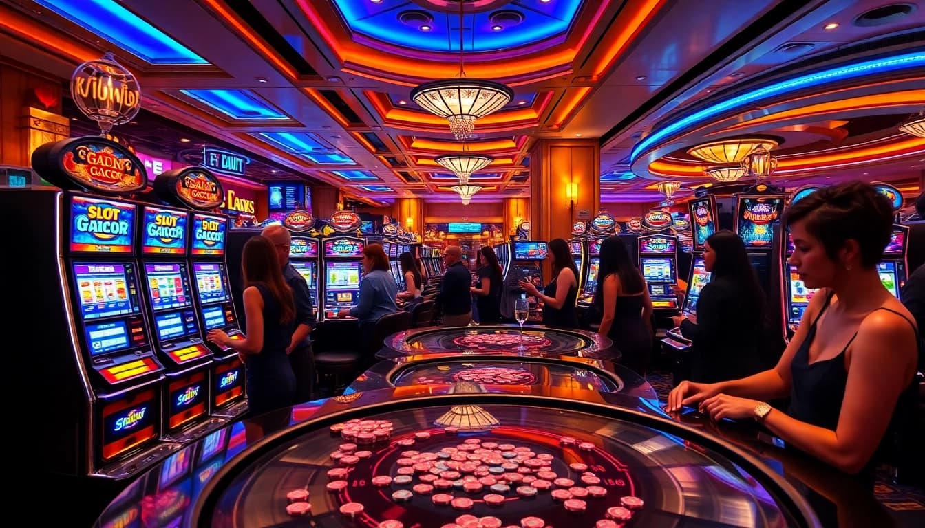 Rasakan sensasi slot gacor dengan mesin slot kasino yang berwarna-warni dan pemain yang bersemangat.