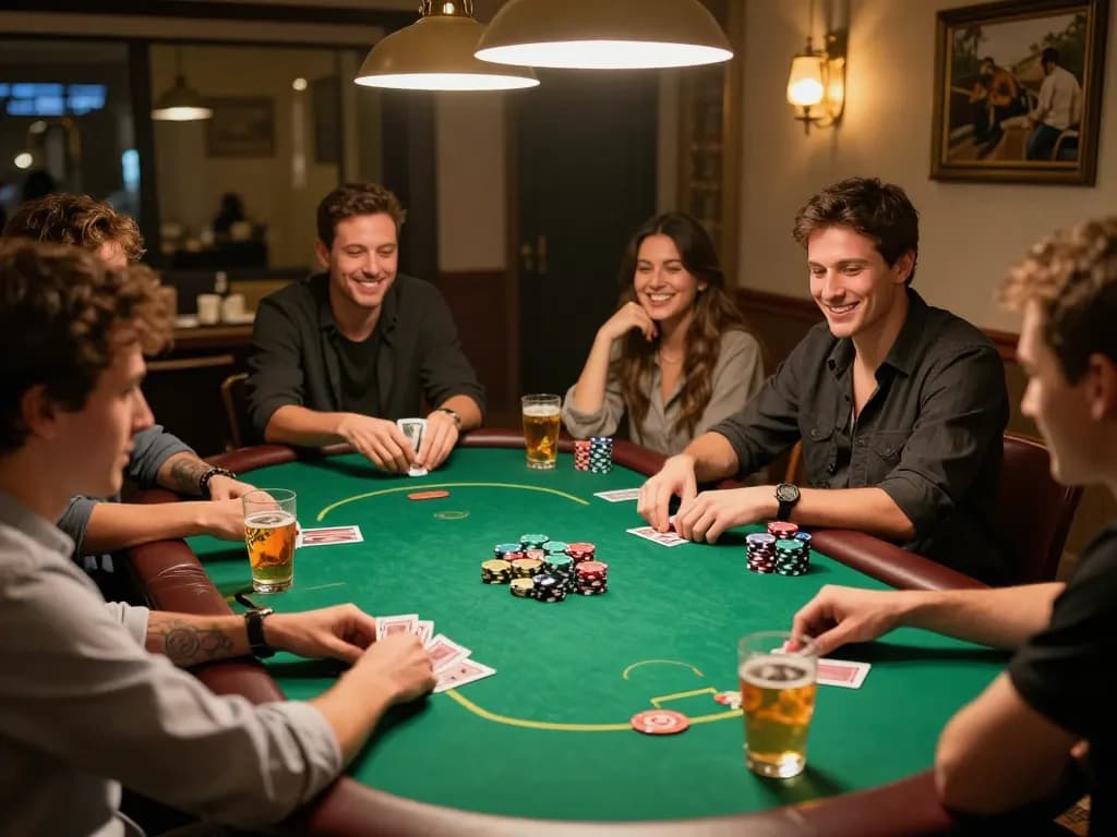 Participants at a home poker night using strategies from https://www.bdtk66.one/ while enjoying drinks.