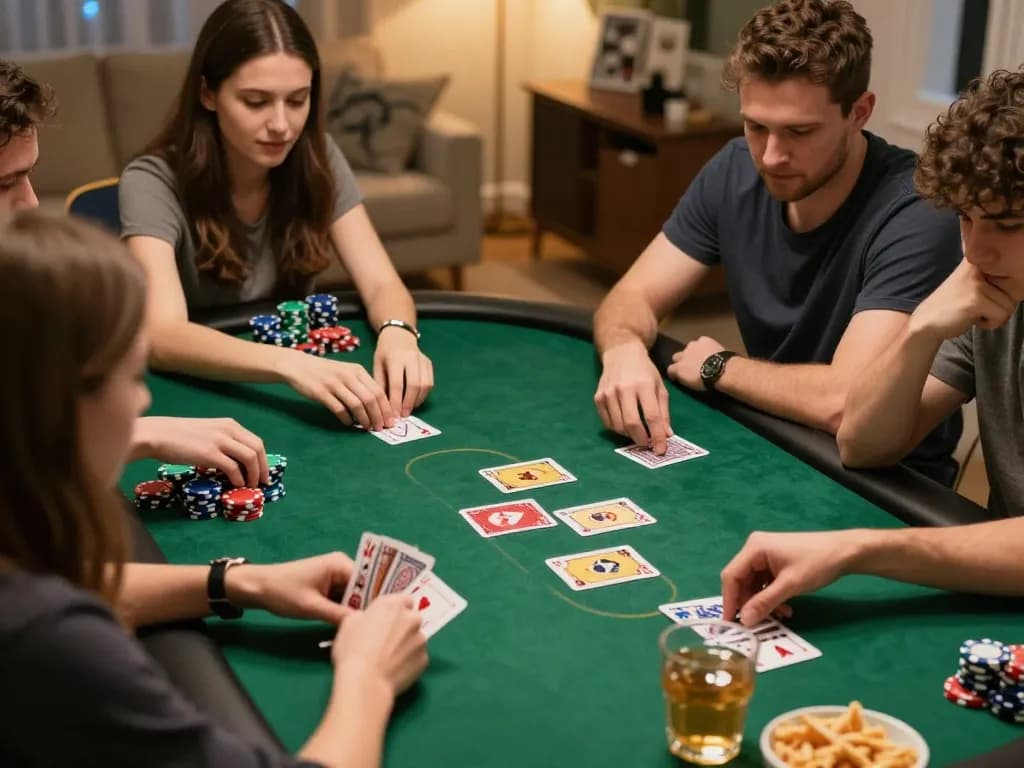 Gathering around the poker table at home, mpo777 players engaged in friendly competition.
