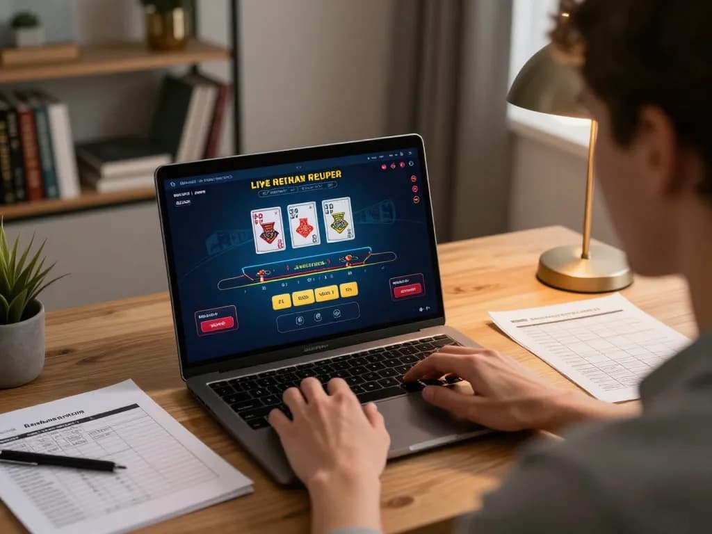 Engaging in online blackjack gameplay with virtualpaymentsystems interface on laptop, showcasing strategic betting.