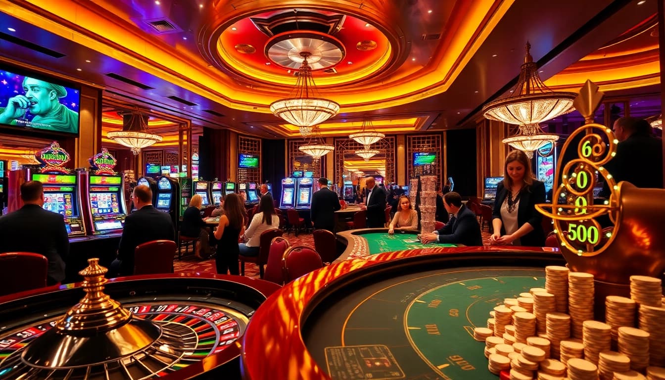 The thrilling atmosphere of a casino with players at roulette and poker tables, showcasing super59 link alternatif elements.
