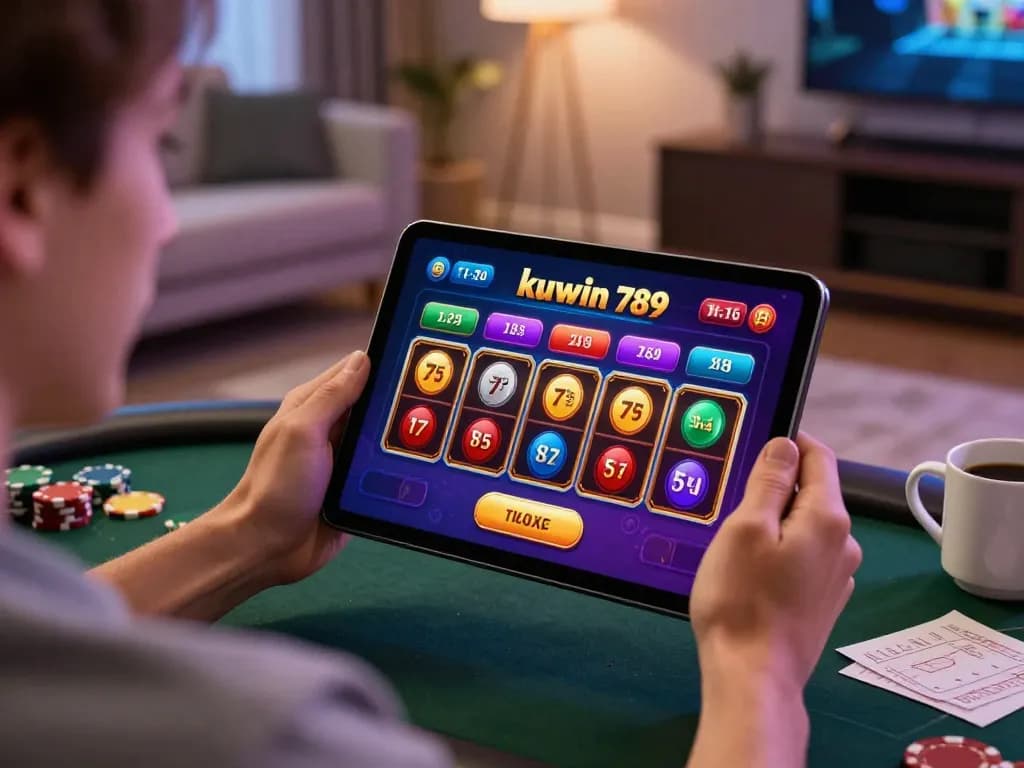 Kuwin 789 online gaming excitement with a person engaging in poker on a tablet at home