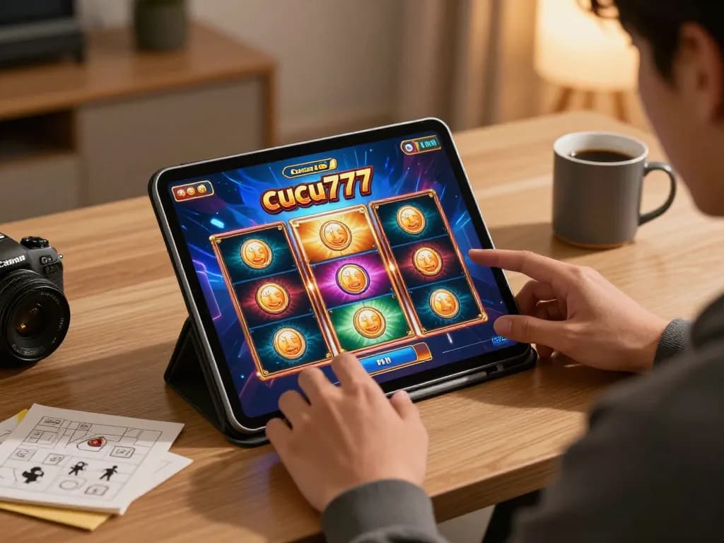 Cucu777 gaming session on tablet in cozy home environment with engaging graphics.
