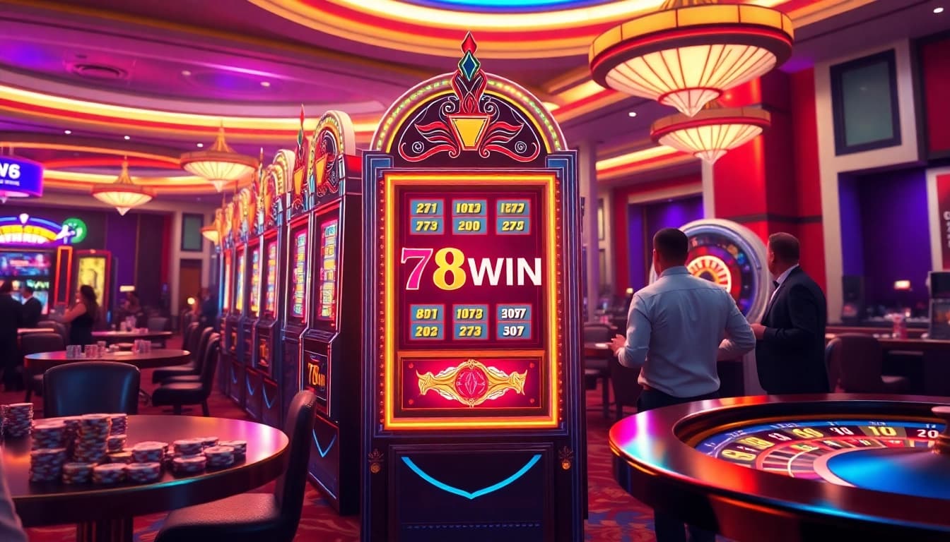 Players enjoy vibrant slot machines at 78WIN casino, showcasing excitement and big wins.