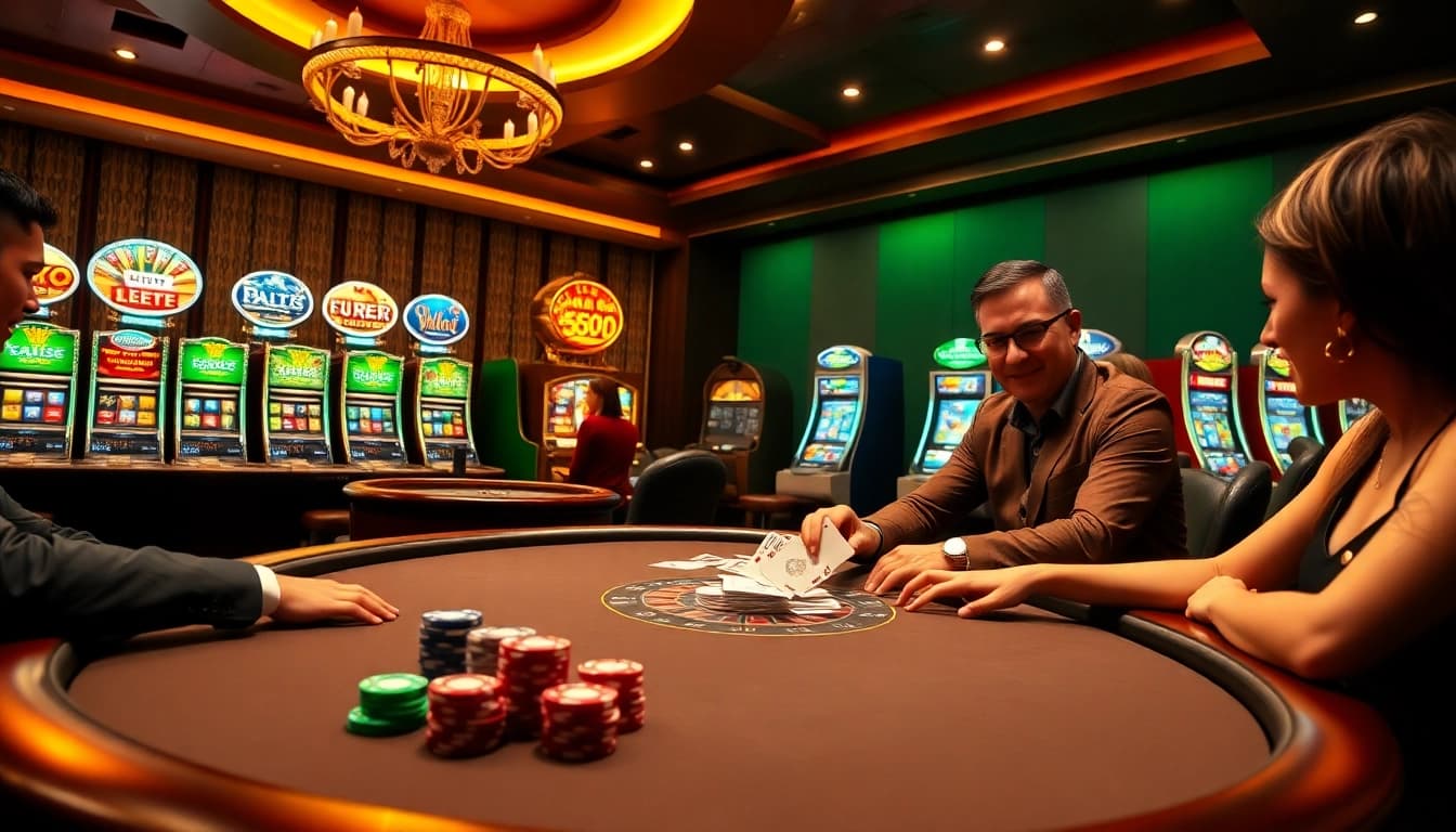 S8 players strategizing at an upscale poker table in a luxurious casino setting.