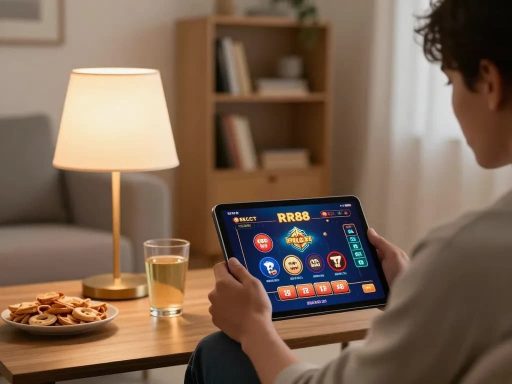 Player engages with RR88 SELECT casino app on tablet, showcasing a cozy home gaming atmosphere.