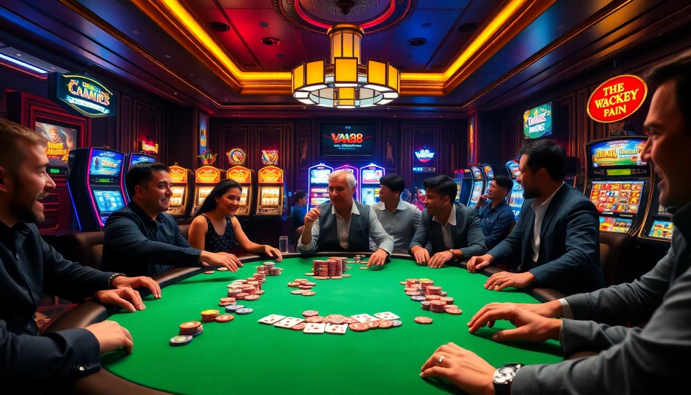 VA88 players engaged in a thrilling high-stakes poker game in a luxurious casino setting.