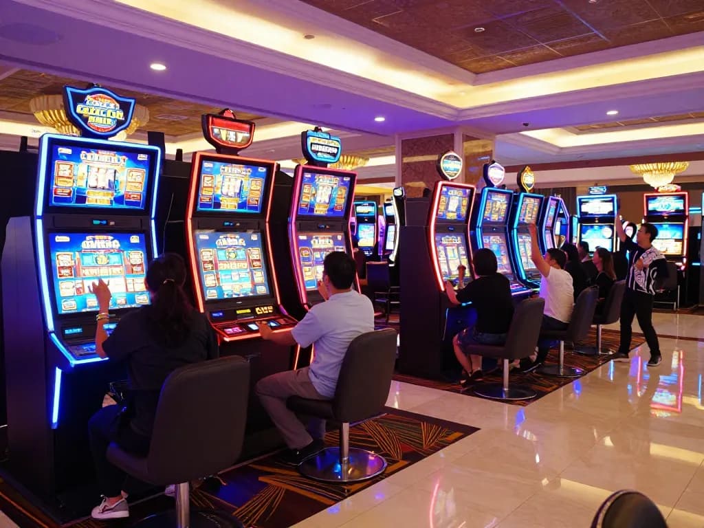 Players celebrating wins at slot gacor hari ini machines amidst a colorful casino atmosphere.