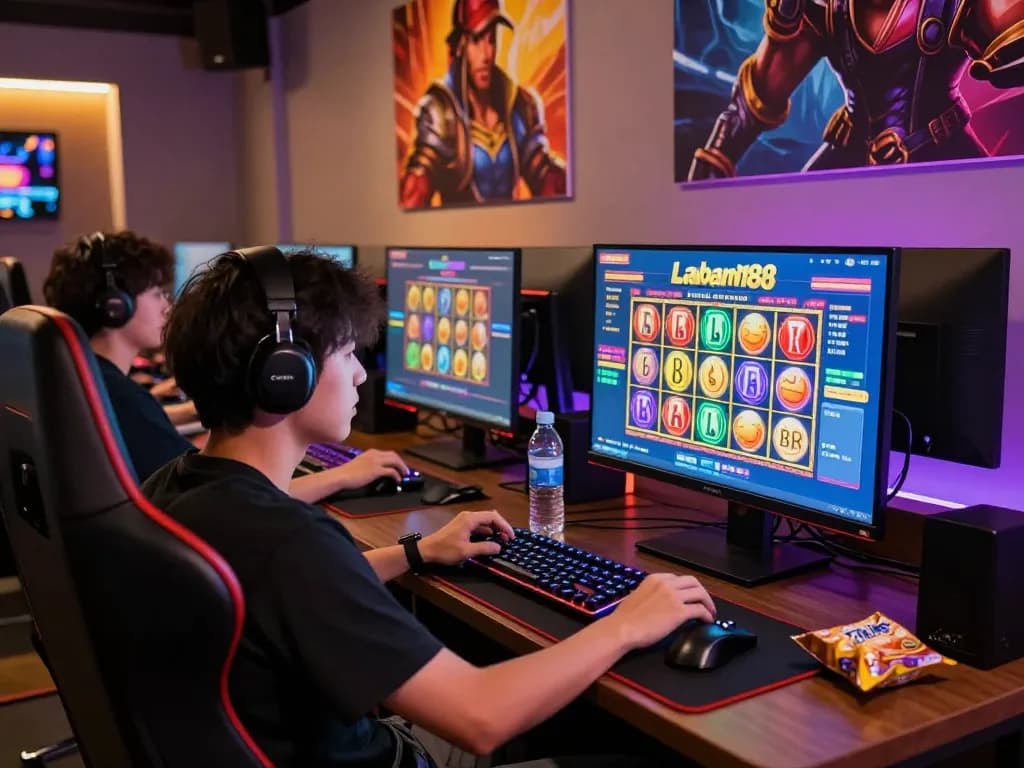 Pemain berinteraksi dengan slot online laoban188 dalam pengaturan permainan yang cerah.