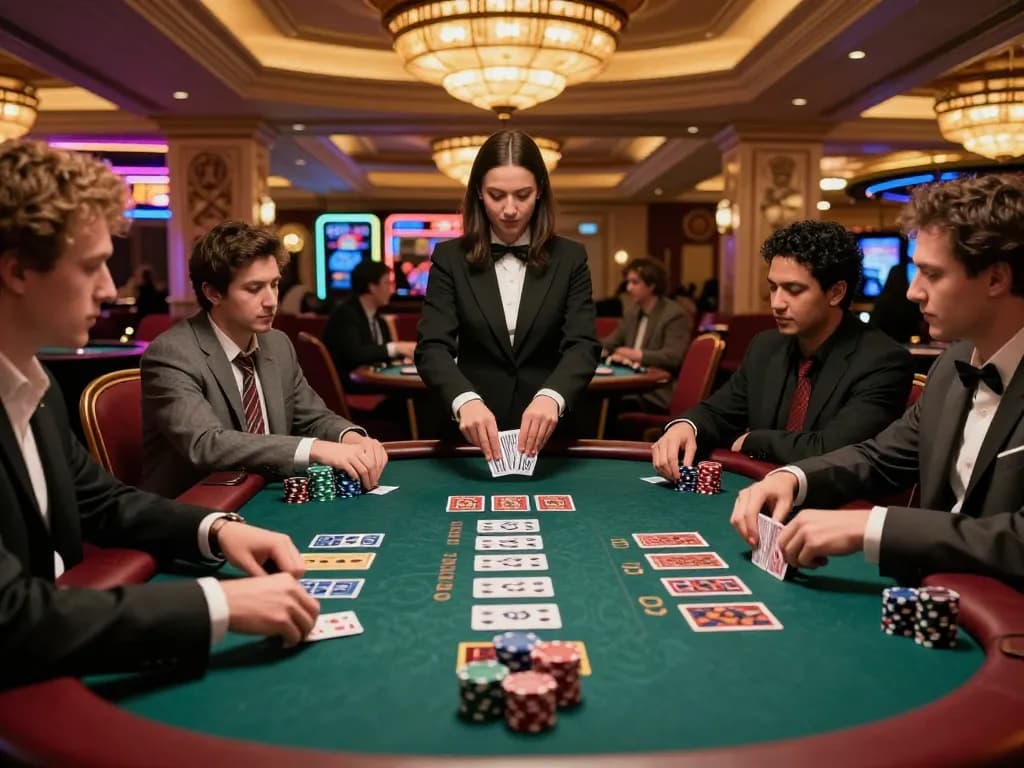 Engaged players at a high-stakes blackjack game in a Las Vegas casino representing online usa casinos thrill.