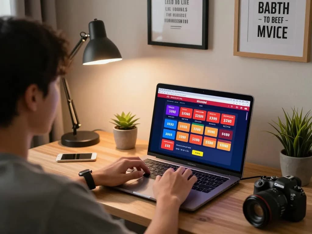 Terlibat dalam taruhan situs togel online dengan laptop di rumah, menunjukkan permainan yang fokus.