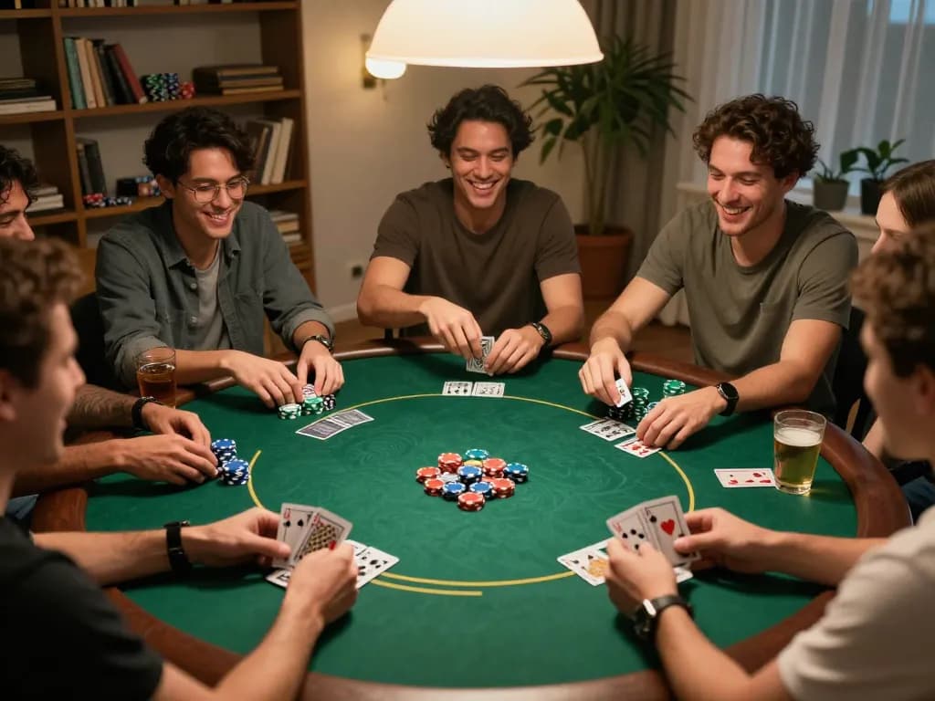 Engaging friends in a home poker night with megahoki88 login showing on a smartphone, chips and cards creating a lively gaming experience.