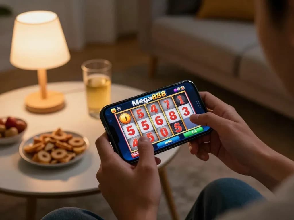 Mega888 APK gameplay on smartphone, showcasing an engaging home gaming scene with a person spinning slot reels.