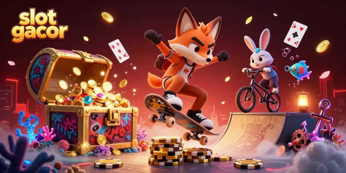 Menggandakan slot gacor sambil melihat fox skateboarder beraksi di arena kasino dengan harta karun berkilau.
