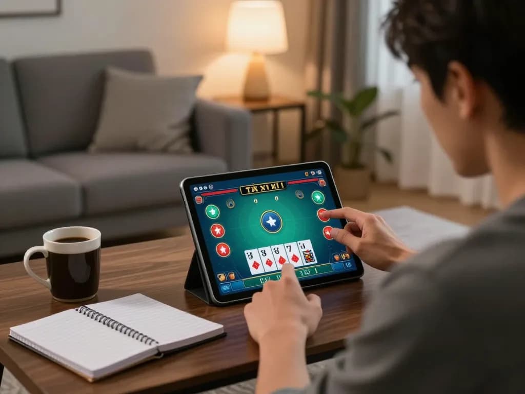Tài xỉu online player engaging in live betting strategy in a cozy home setup.