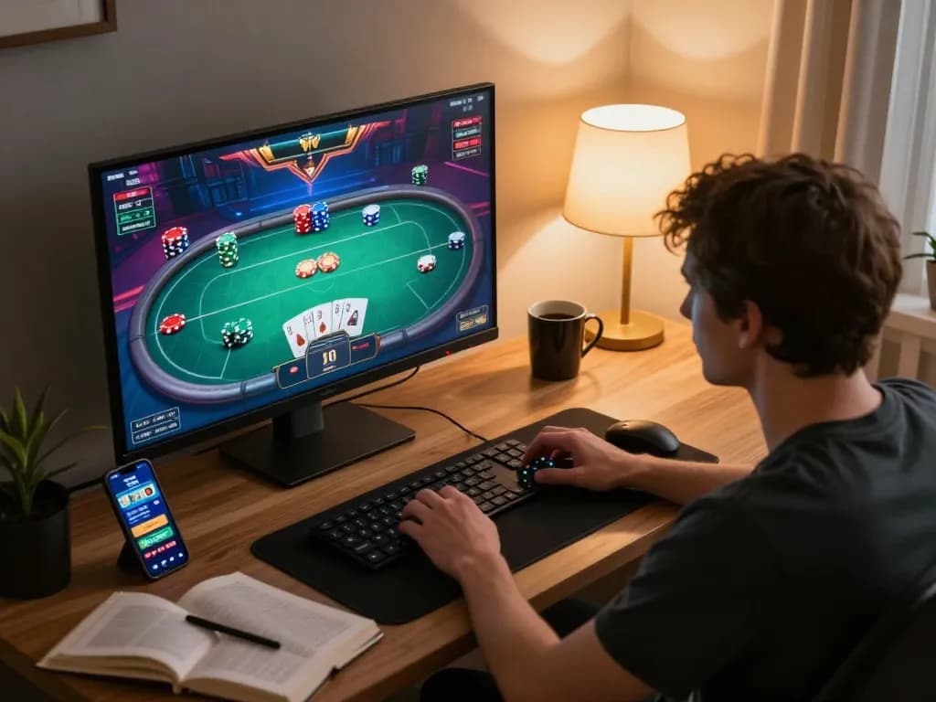 Engaged player using a non UK casino app on a high-resolution screen, focusing on an exciting poker game.