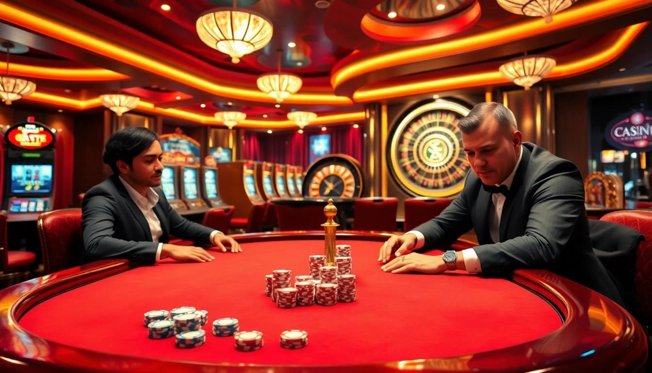 Players enjoying an exciting poker game at 88vv casino with vibrant decor and luxurious atmosphere.