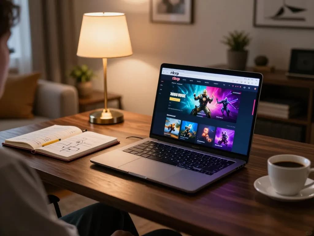 Engaged player exploring rikvip gaming options at a stylish home setup, blending comfort with entertainment.