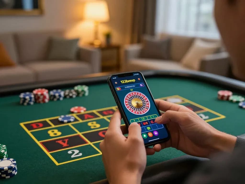 Player engaging with the 123bmvp app for online roulette gameplay at home, showcasing a vibrant gaming atmosphere.