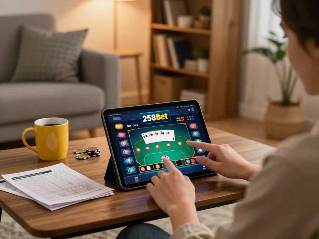Play online poker on 258bet's interface using a tablet in a cozy home setting.