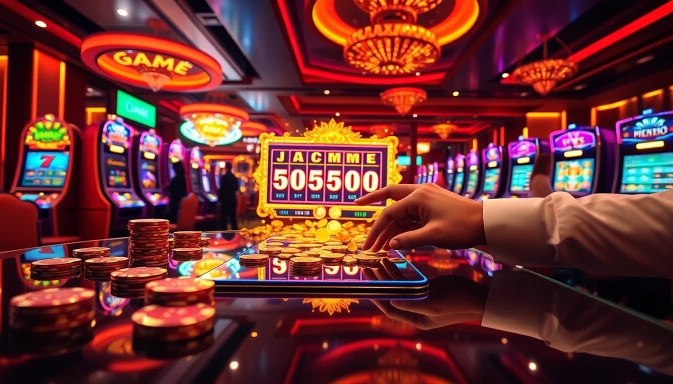 Professional gambler engaging with game nổ hũ slot machine jackpot display and betting interface
