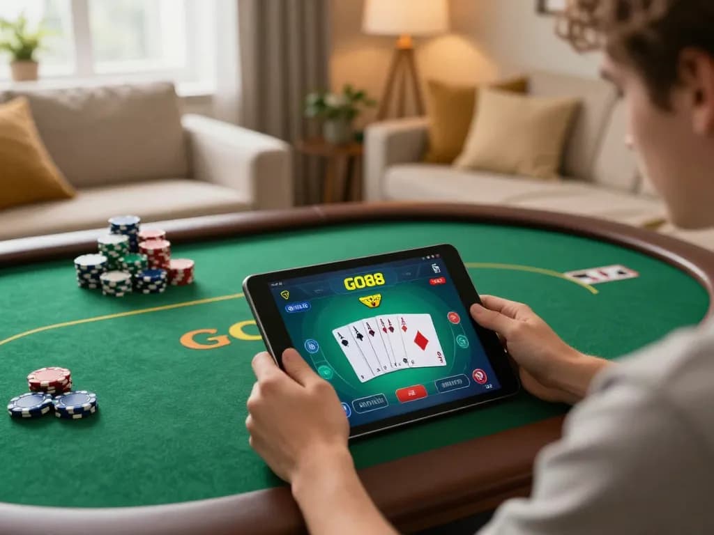 Player strategizing with the GO88 app on a tablet during an online poker game at home.