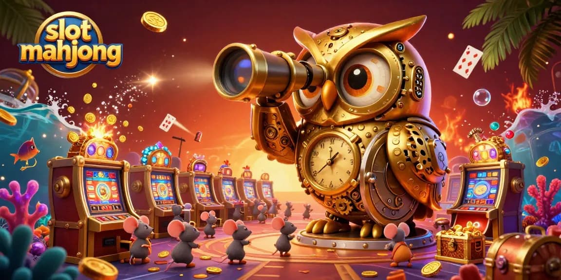 Experience the thrill of slot mahjong with dynamic illustrations of a clockwork owl and vibrant casino elements.