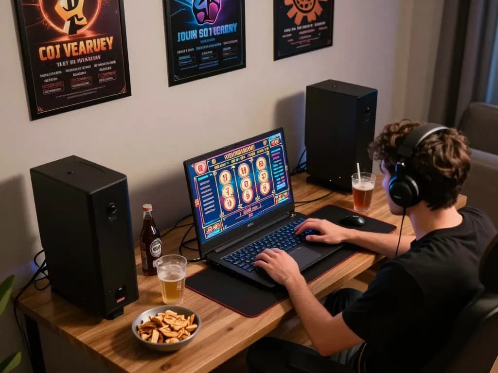 Gamer yang berinteraksi dengan slot Tempo123 secara online di pengaturan permainan yang nyaman
