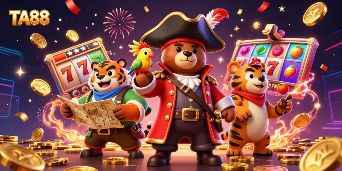 TA88 showcases a vibrant casino scene with a pirate captain bear and friends enjoying slots and jackpots.