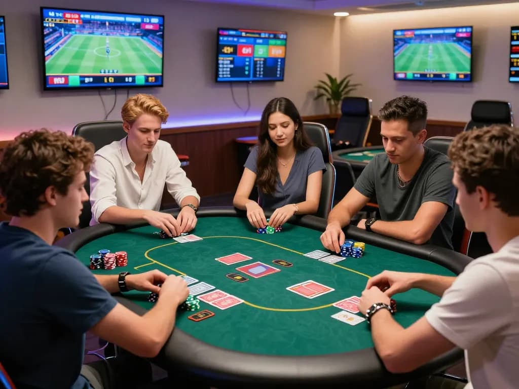 Exciting gaming environment at Nhà Cái Kuwin with friends enjoying poker and live sports.