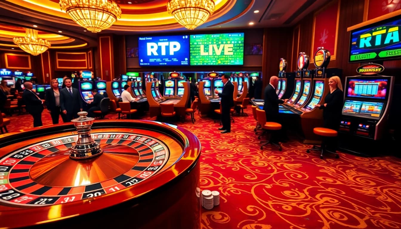 Experience RTP Live with vibrant casino visuals, featuring roulette, poker chips, and exciting slot machines.