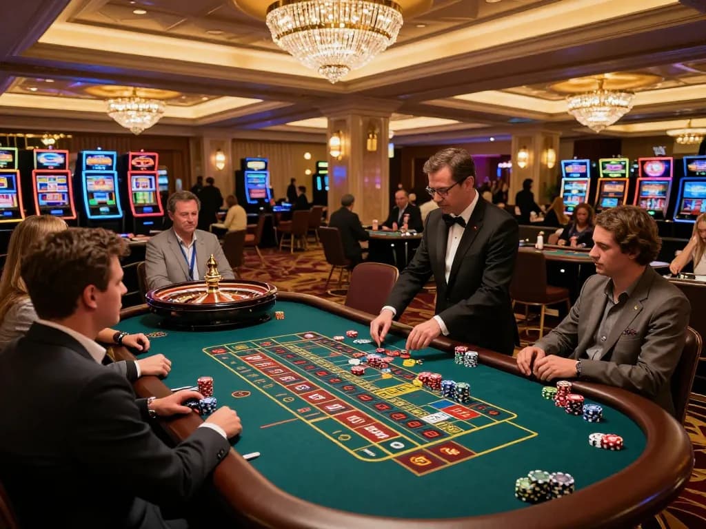 Engage in thrilling gameplay with Bsport 6 at an upscale casino floor featuring a vibrant roulette table.