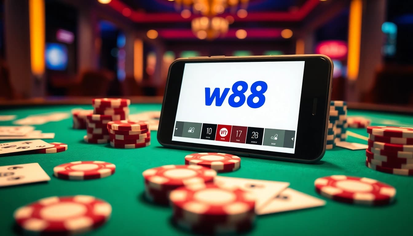 วางเดิมพันที่ w88 มือถือ พร้อมการ์ดและชิปโป๊กเกอร์ในบรรยากาศคาสิโน