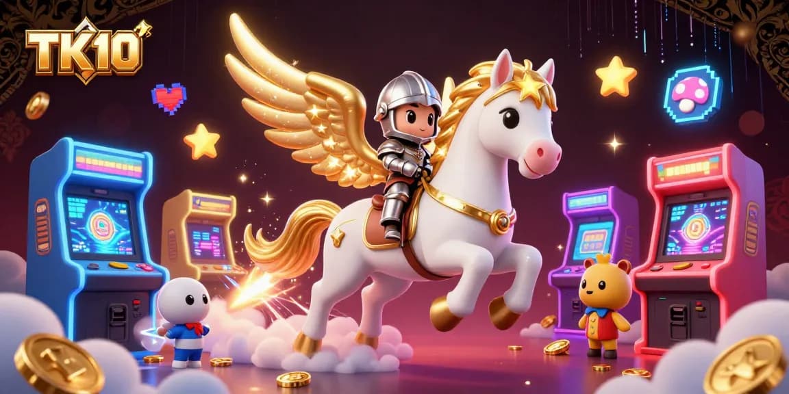 Engage with TK10's thrilling gaming universe through vibrant 3D visuals featuring dynamic characters and gaming elements.