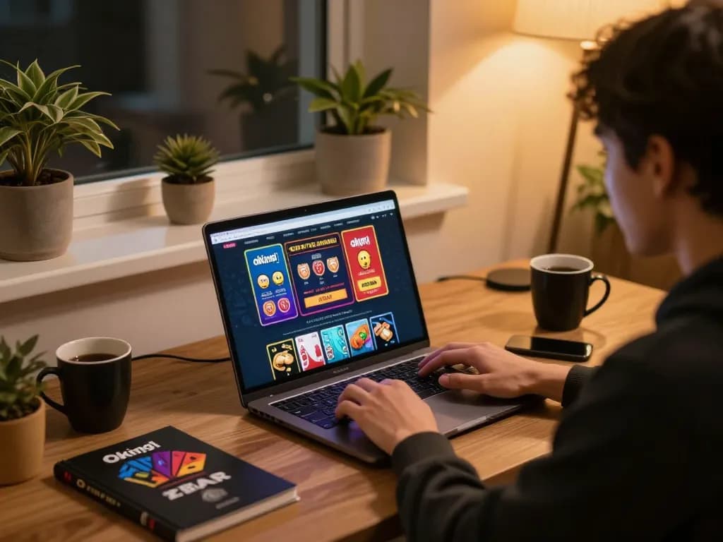 Playing at okking1 online casino from a cozy home setup with modern laptop and warm ambiance