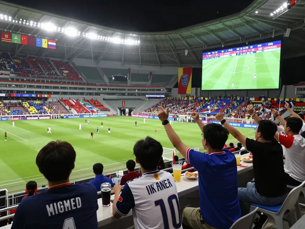 Excited fans at the stadium experiencing tỷ lệ kèo bóng đá betting.