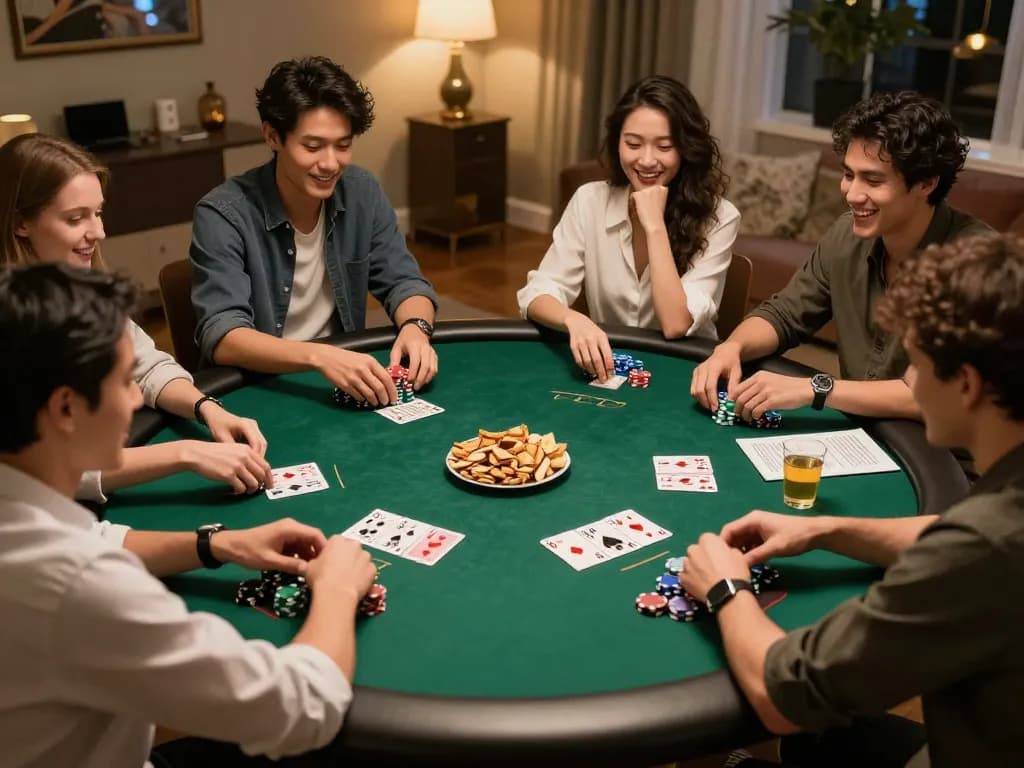 Friends enjoying a poker night at home, showcasing a lively bem88l gaming atmosphere with chips and cards.