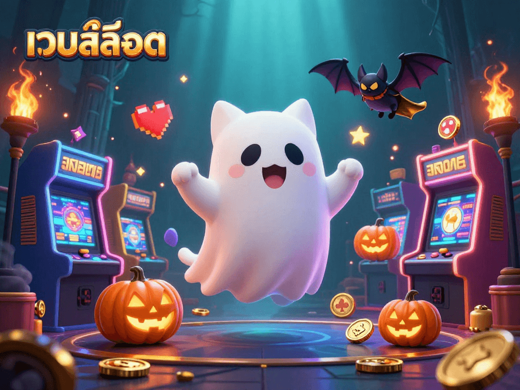 Engage with เว็บสล็อต while exploring vibrant slots and glowing characters in a dynamic casino scene.