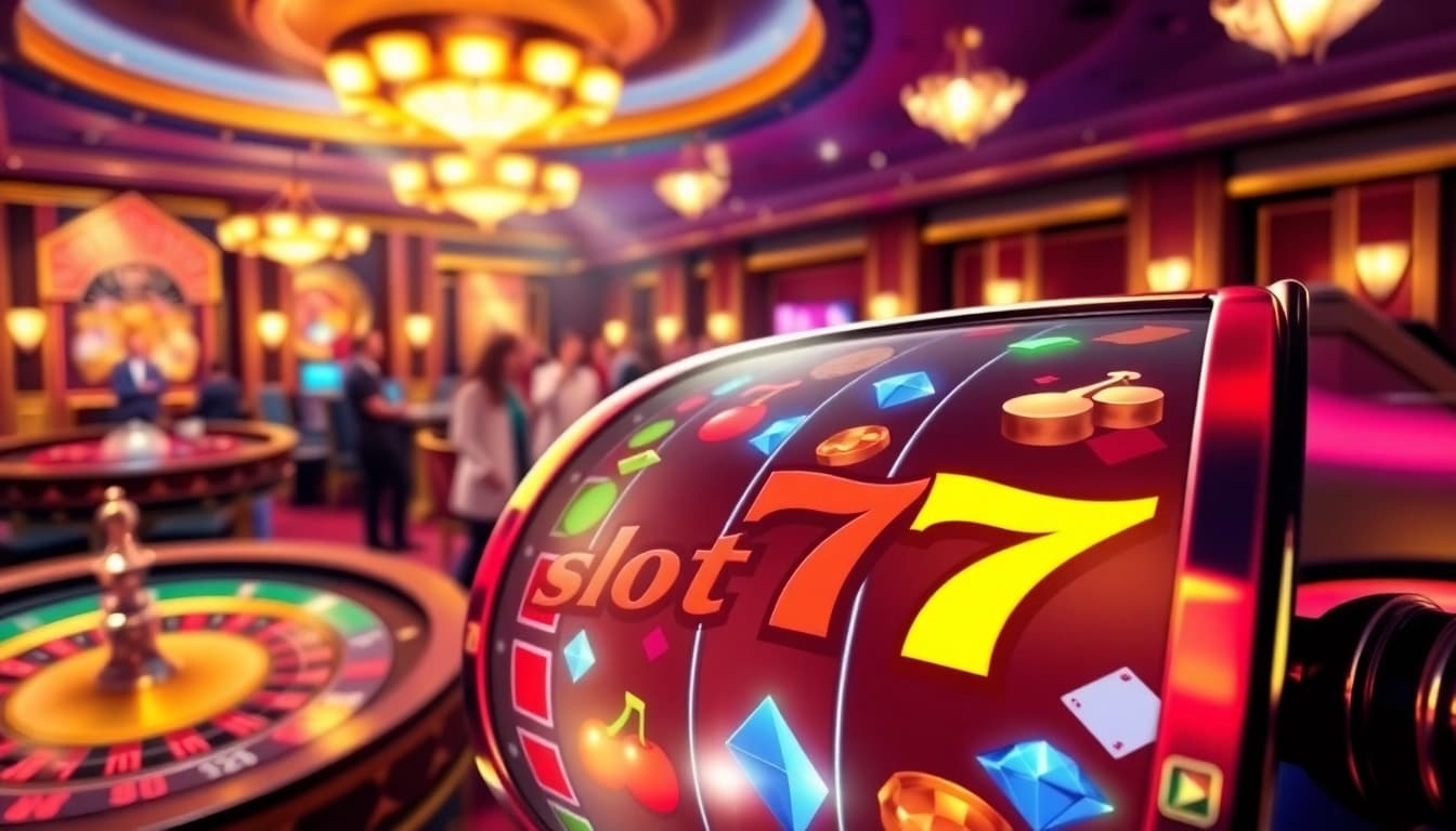 Exciting players engaging with the vibrant slot777 machine in a luxurious casino atmosphere.