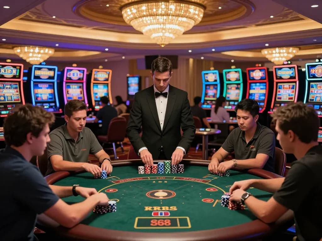RR88 casino floor filled with players placing bets at poker and slot machines, vibrant lighting enhancing excitement.