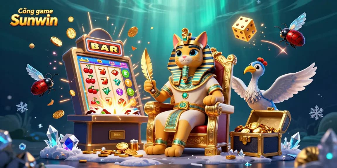 Cổng game Sunwin showcases an Egyptian pharaoh cat on a throne amidst a vibrant jackpot explosion.