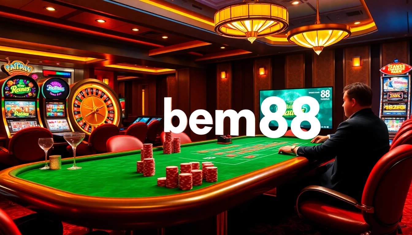 Experience the thrill of bem88 with a luxurious casino setting featuring intense poker games and vibrant slot machines.