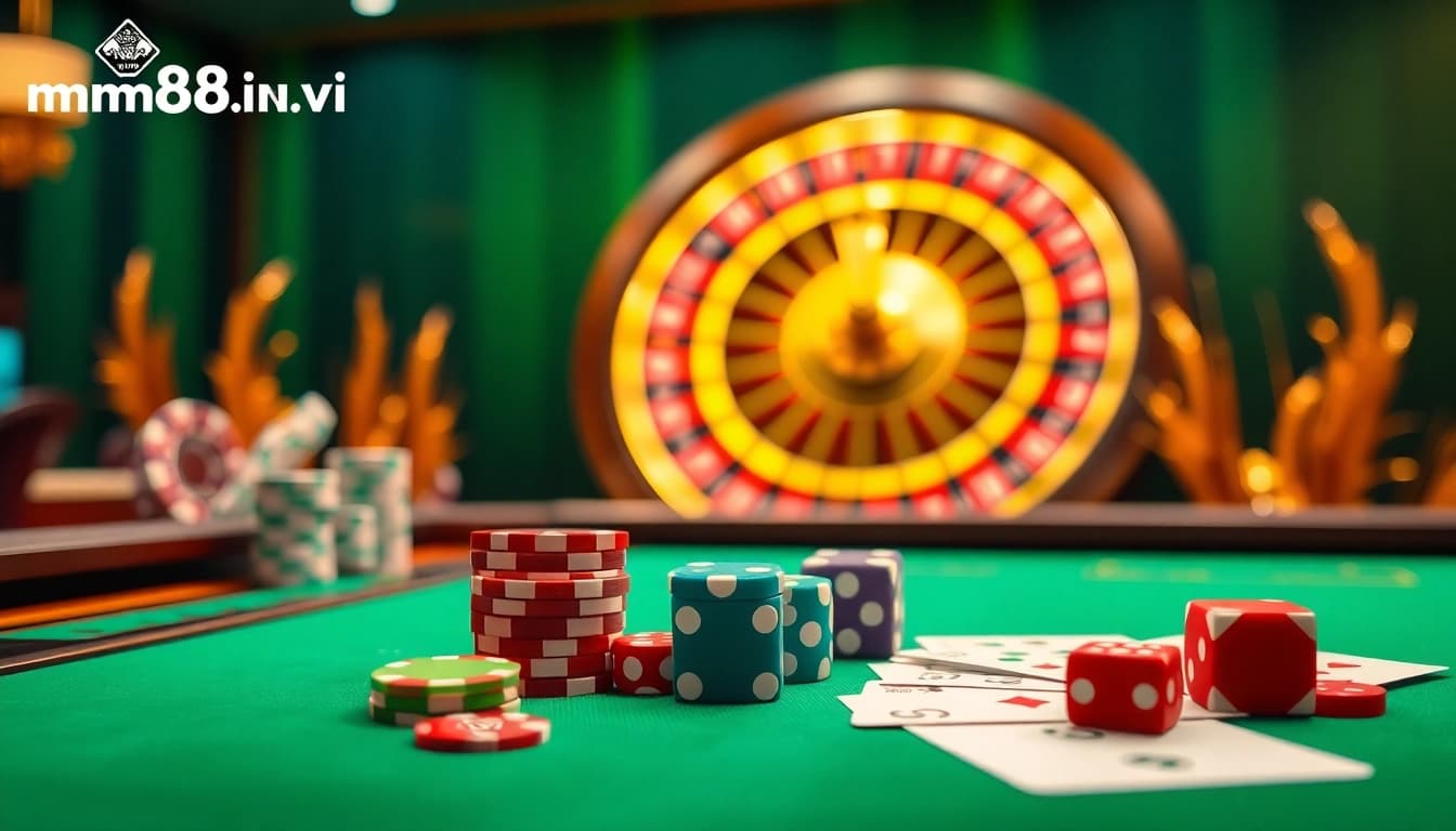Experience thrilling online games at https://mm88.vin/ with vibrant tables, cards, and poker chips.