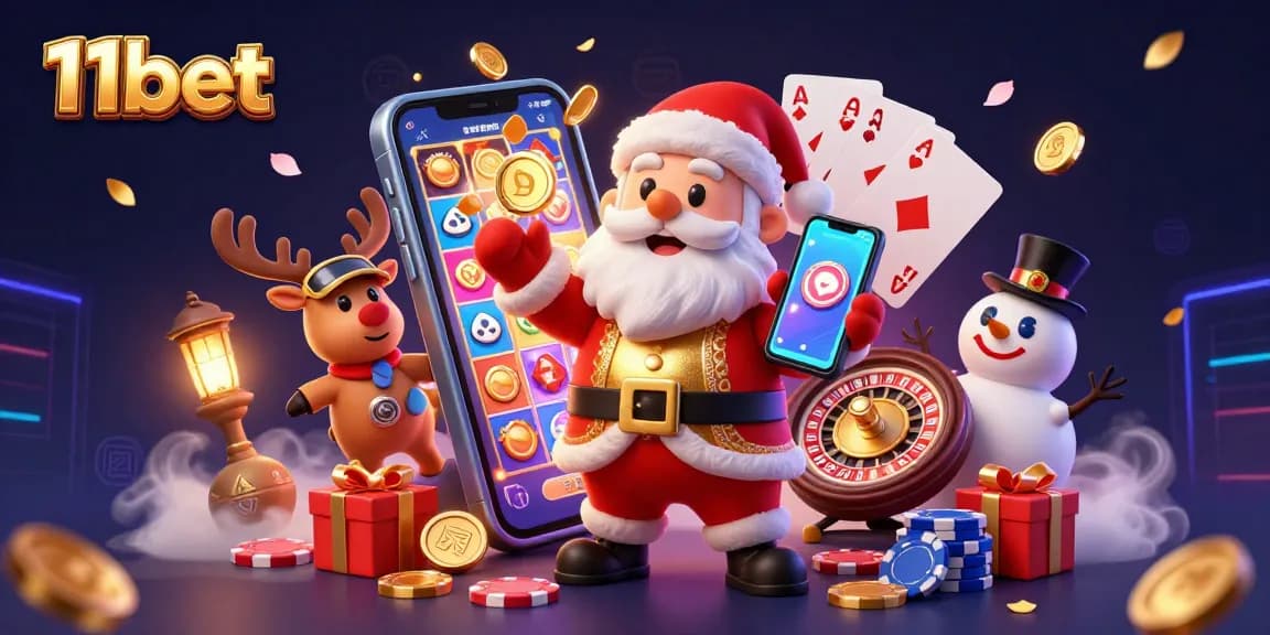 Experience 11bet with a vibrant casino scene featuring Santa, reindeer, and a snowman in action.